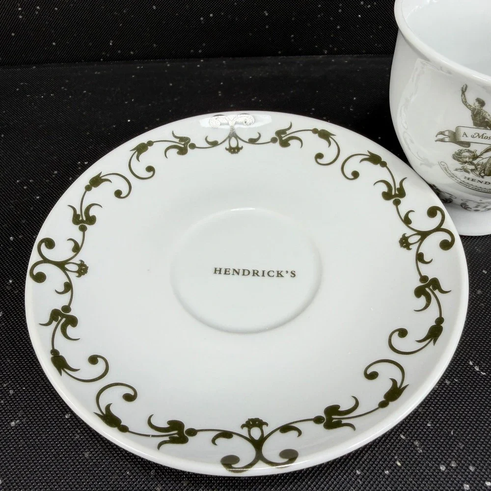 Hendricks Gin Tea Cup and Saucer Set A Most Unusual Gin White Green Victorian